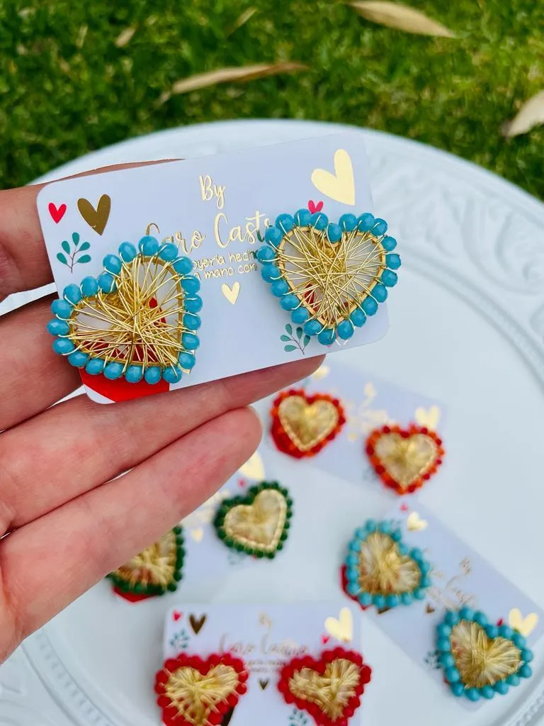 Aretes Corazón en Alambrismo con Borde en Piedra