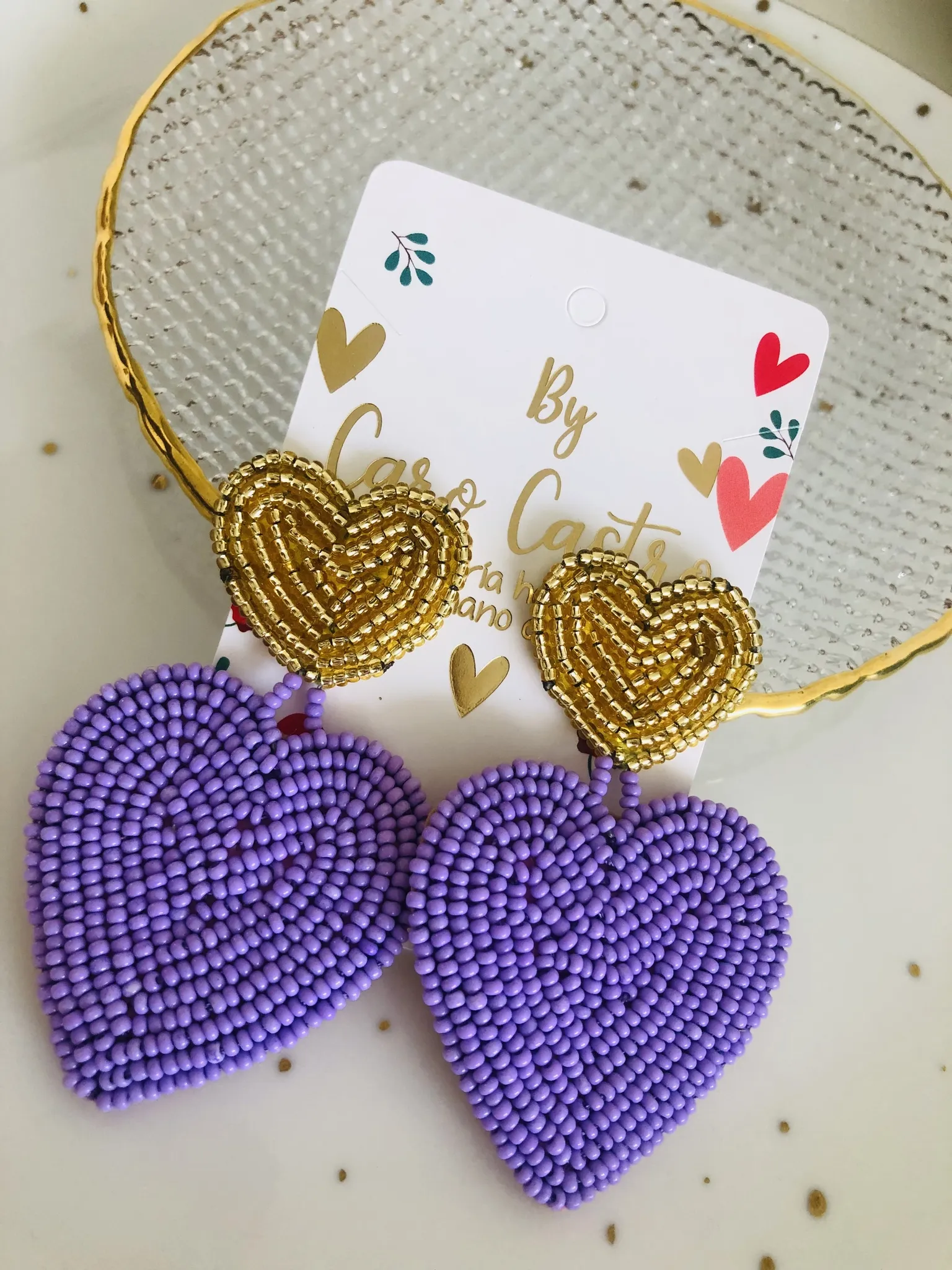  Aretes Corazones morados con dorado