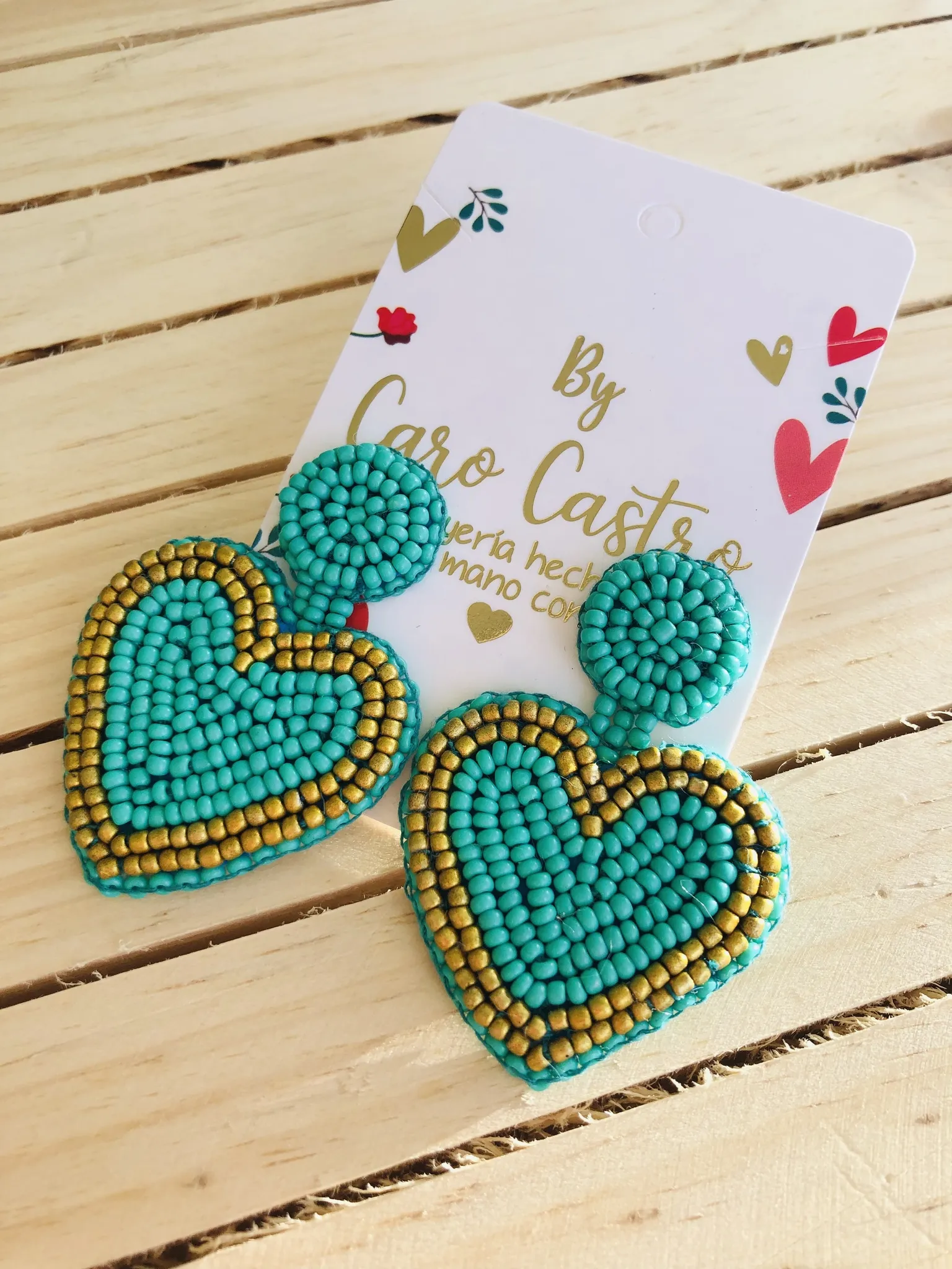  Aretes corazón azul turquesa y  dorado