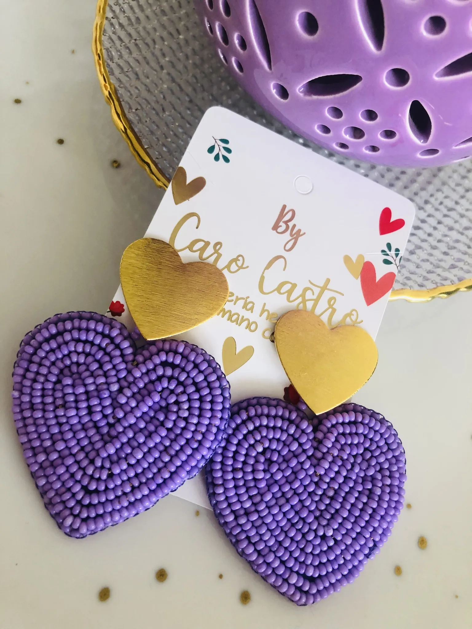  Aretes Corazón morado con topo dorado