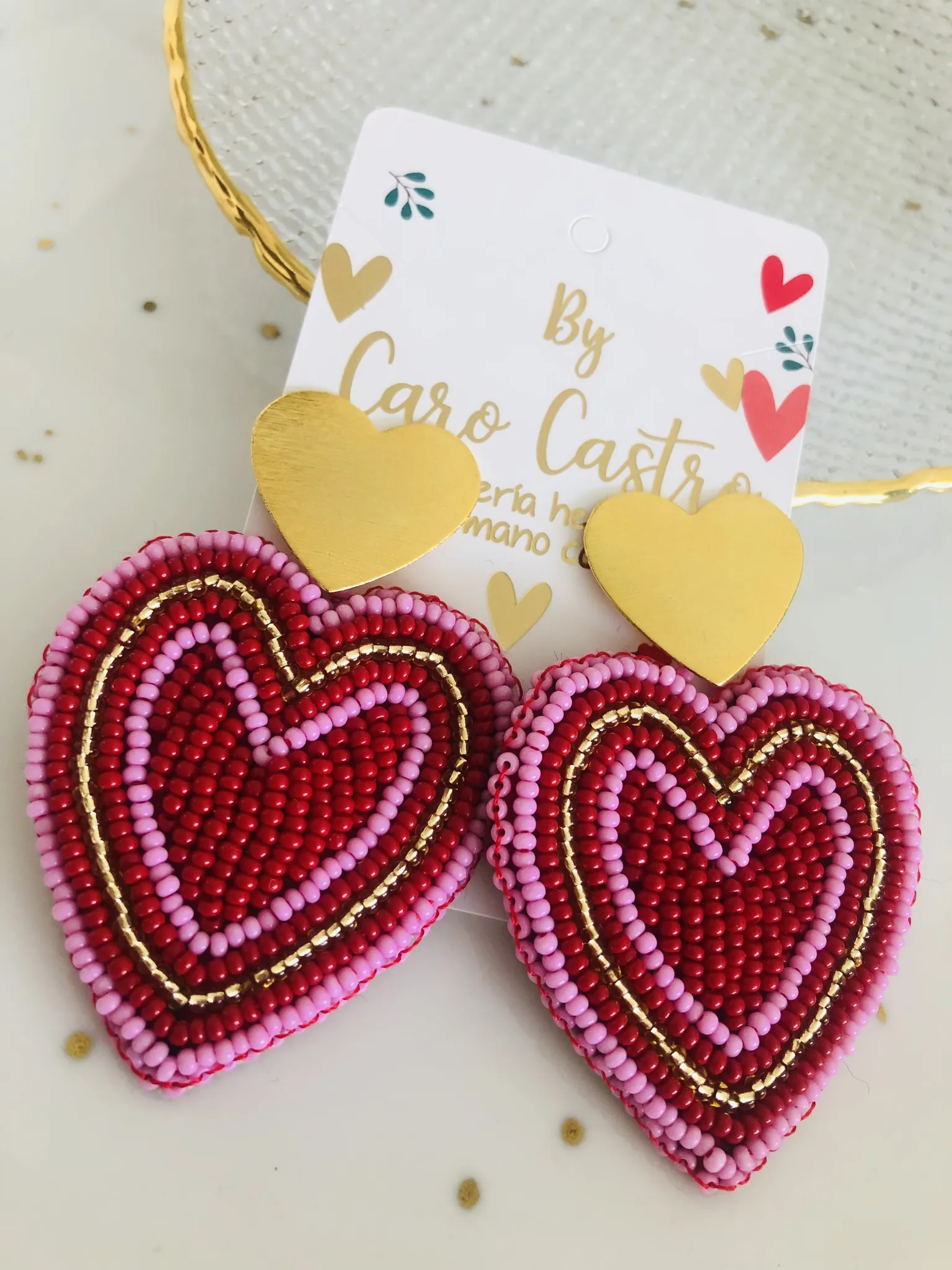 Aretes Corazón Rojo con Rosado.