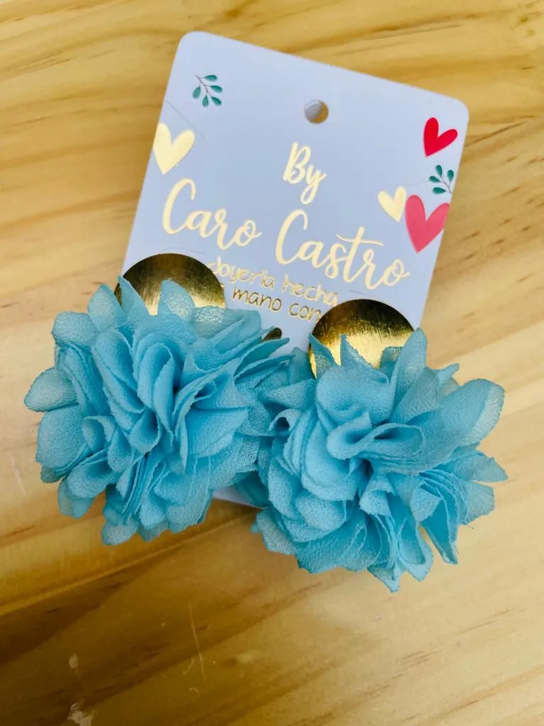 Aretes flor organza azul turquesa