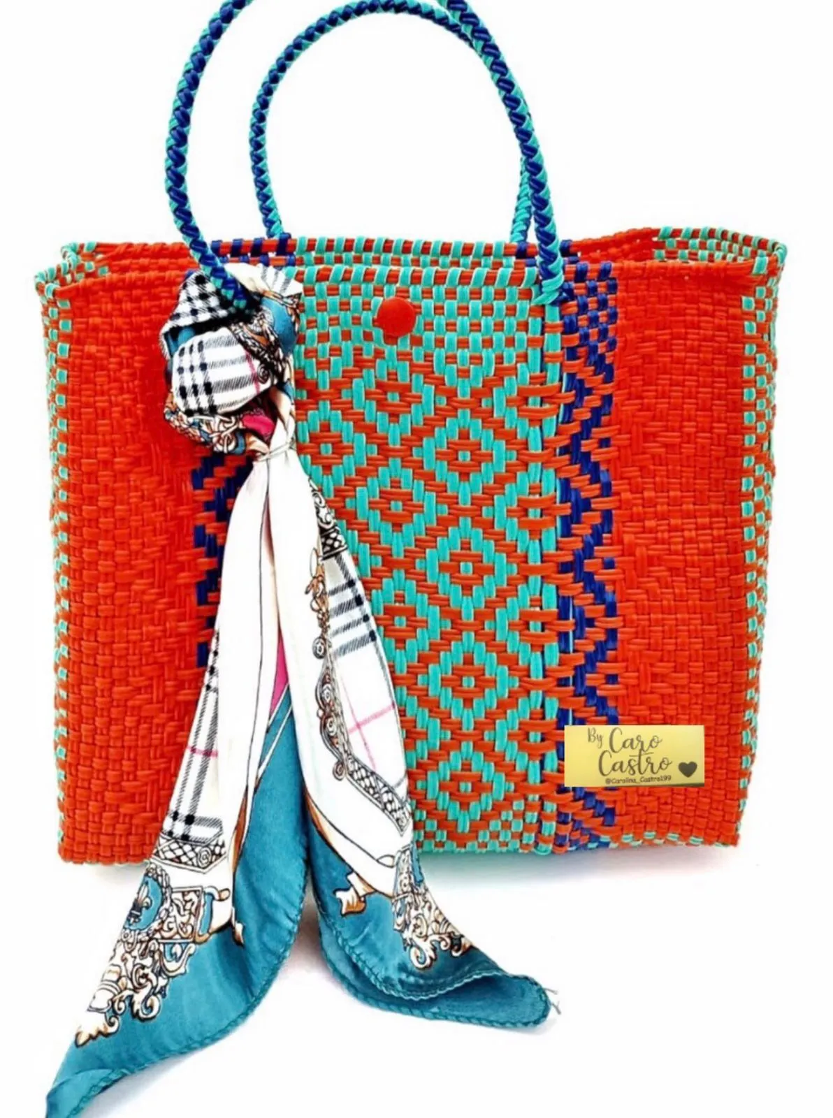 Cartera Tejida Mediana naranja y azul turquesa
