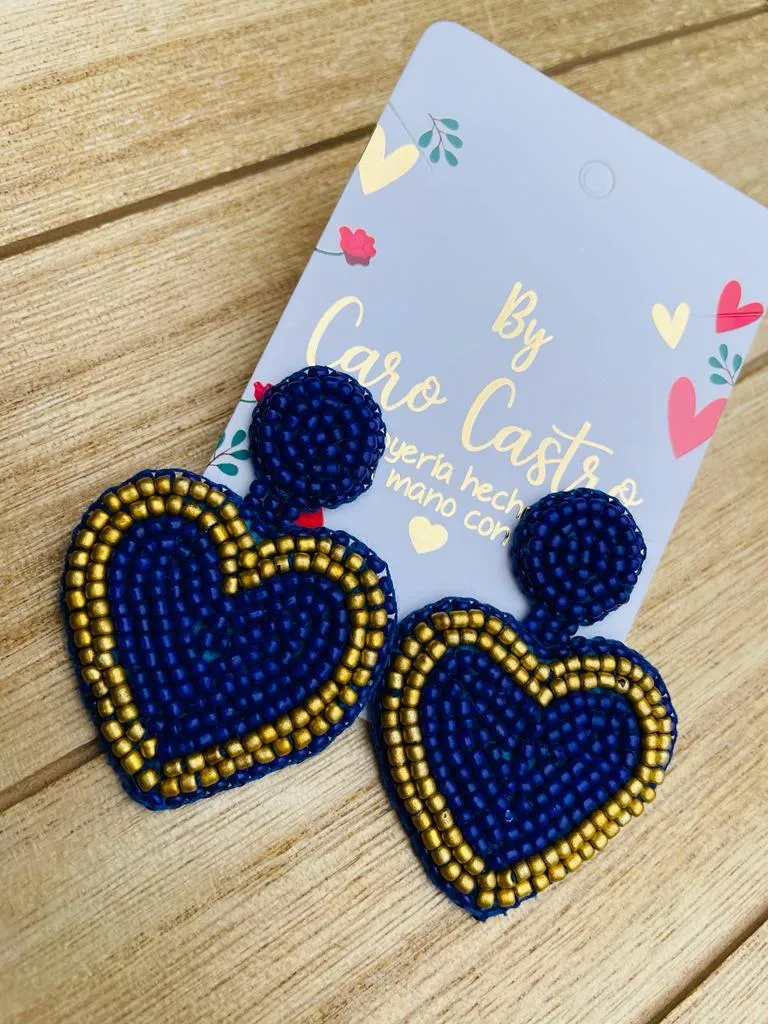  Aretes corazón azul borde dorado