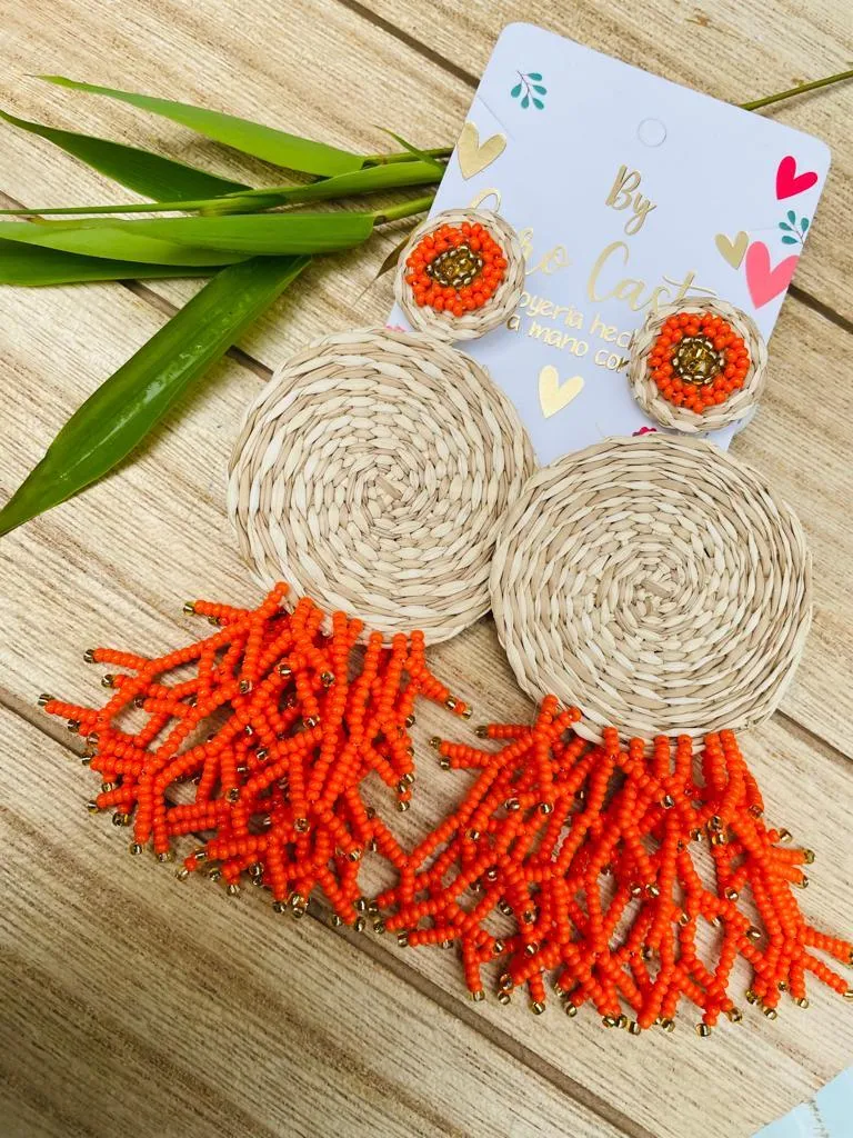 Aretes Redondos en Palma de Iraca Naranja
