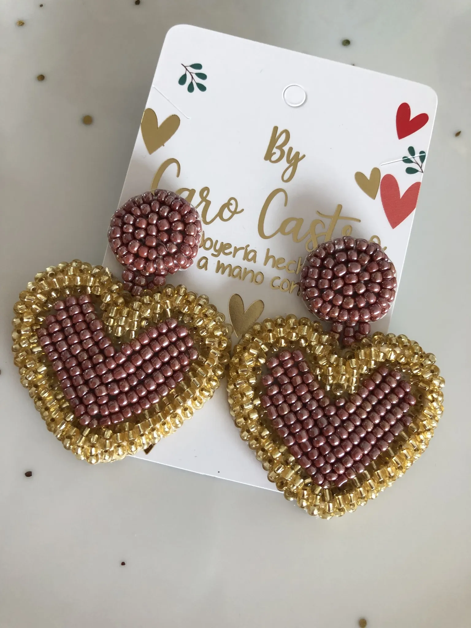 Aretes Corazón Palo de Rosa con Borde Dorado