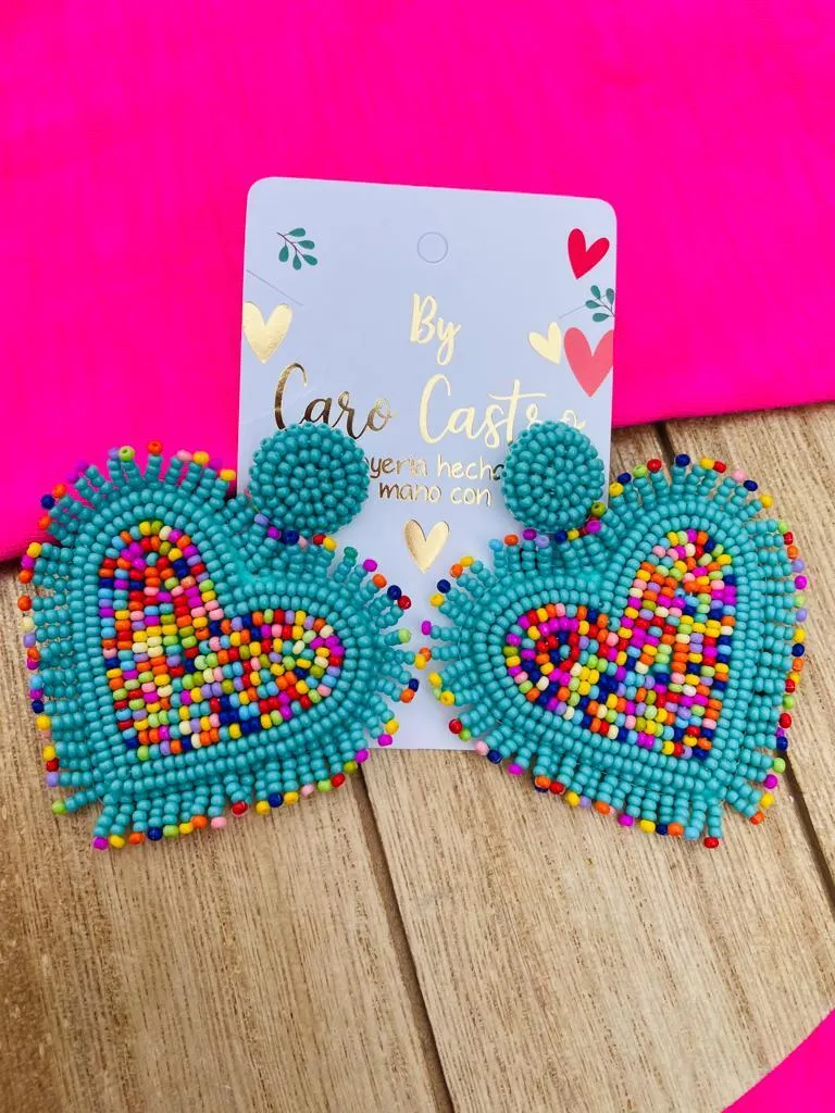 Aretes Corazón Azul Turquesa y Multicolor Pelitos 2