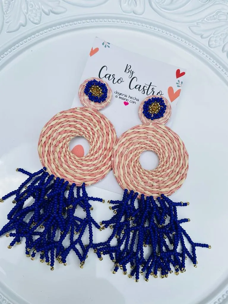 Aretes Redondos Palma de Iraca Palo de Rosa y Azul