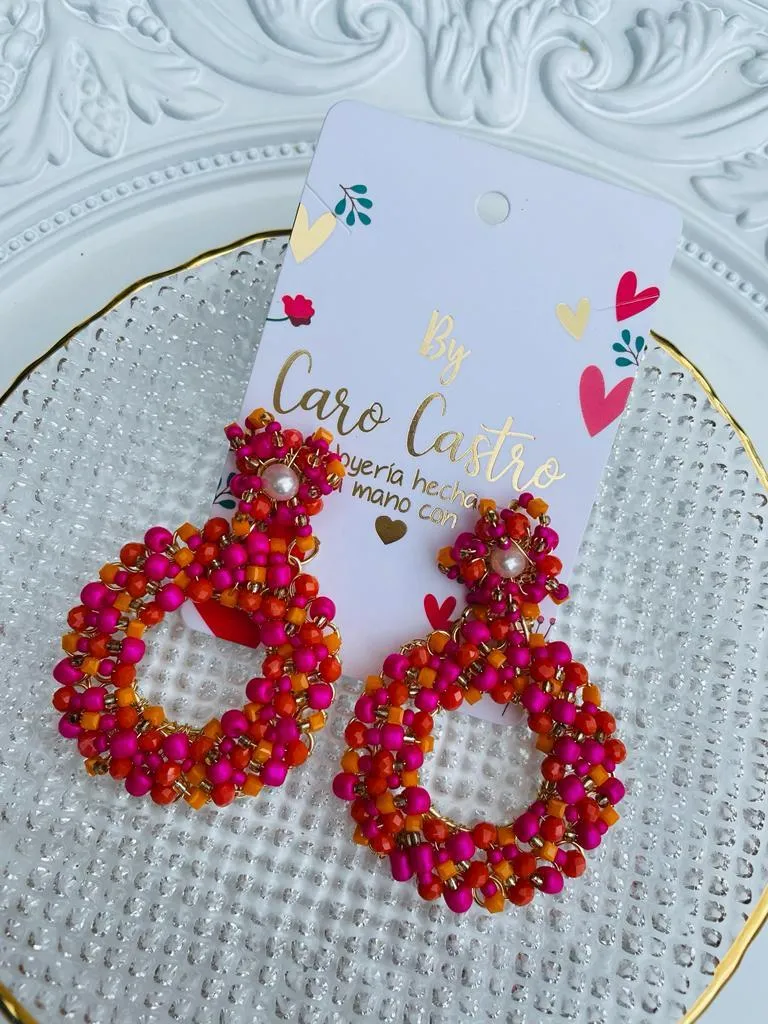 Aretes Redondos en Alambrismo Naranja y Fucsia 