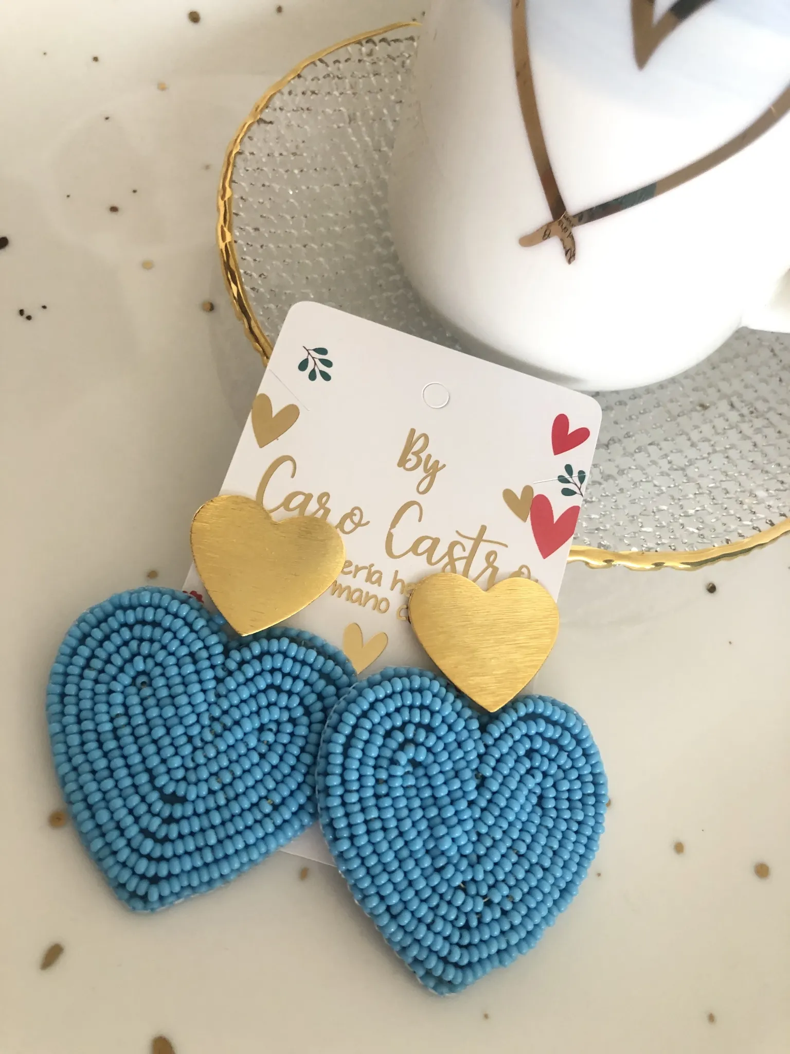 Aretes Corazón Azul Turquesa con Topos en Corazon