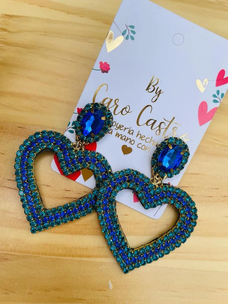 Aretes Strass Corazón Azul y Verde